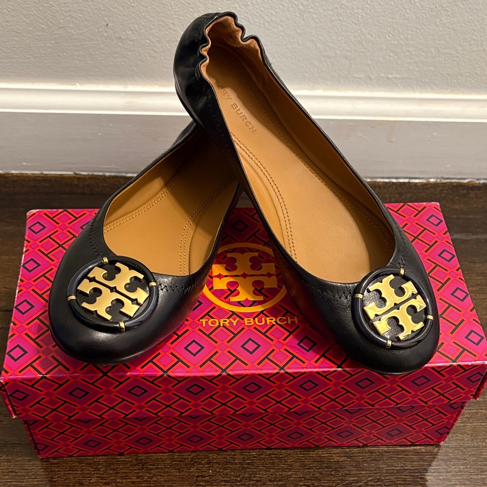 Tory Burch Black Flats with Gold Emblem